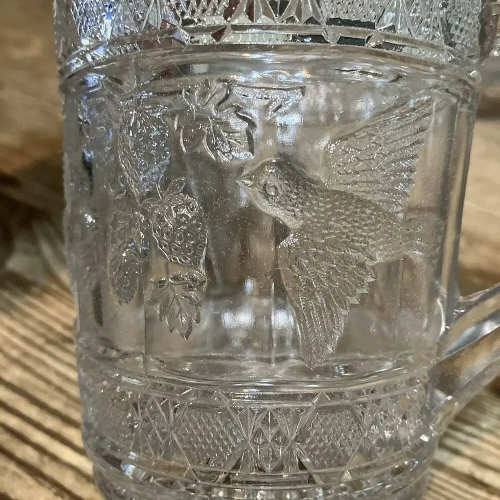 Antique EAPG Indiana Glass Footed Bowl + Creamer Set Birds Strawberries Pattern